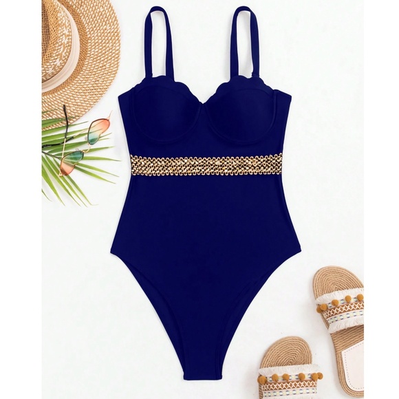 Boho Navy Blue Scallop Detail Color Block Monokini One Piece Swimsuit - Picture 12 of 12